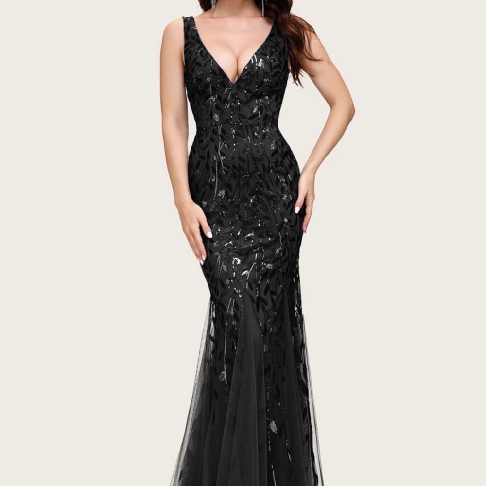 Fishtail Hem sequin Mesh Prom Dress (Black)